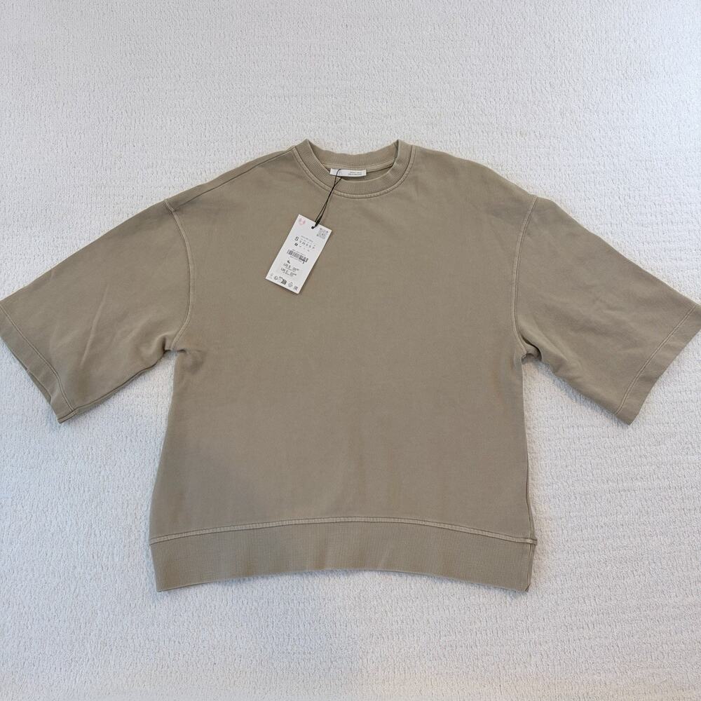 Zara Men’s Fleece Crew Neck Short Sleeve Pullover Sweatshirt Beige Size S